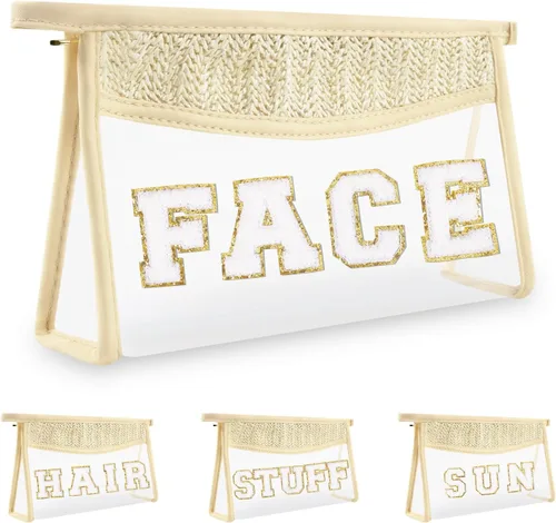 Vista 9 de Iqimott 2 bolsas de maquillaje con parches transparentes, bolsa de letras boho para nadar en la playa, bolsas de maquillaje impermeables