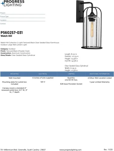 Vista 14 de Progress Lighting Watch Hill Collection - Farol de pared grande con textura de cristal transparente negro con textura de 1 luz para casa de campo