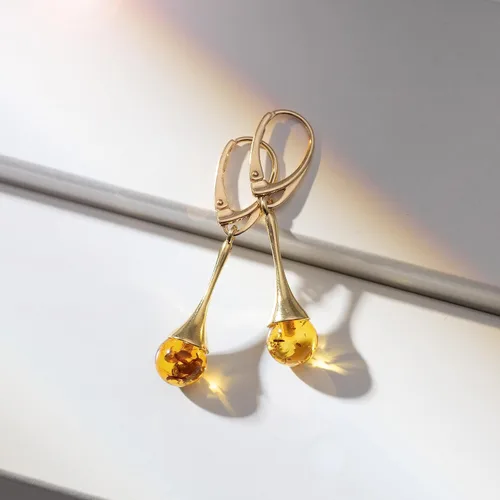 Vista 9 de Aretes de ámbar para mujer - Cuenta de bola con plata esterlina ag925 chapada en oro, cierre seguro con cierre de palanca en la parte trasera