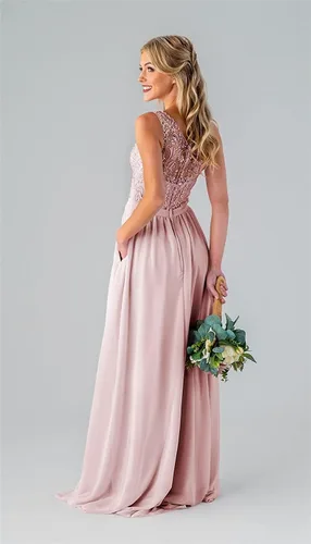 Vista 2 de Women's One Shoulder Lace Bridesmaid Dresses with Pockets Chiffon Long Formal Evening Gowns