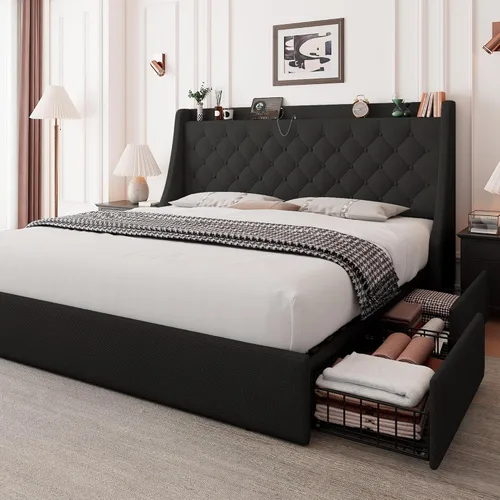 Vista 10 de Feonase - Base de cama tapizada tamaño matrimonial, 4 cajones para almacenar, puerto tipo C y USB, estación de carga, cabecera con respaldo capitoné