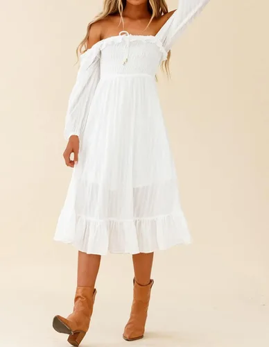 Vista 3 de R.Vivimos Women's Linen Fall Long Sleeves Stripes Ruffled Boho Casual A-Line Flowy Midi Dresses