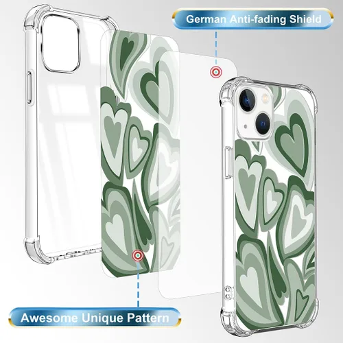 Vista 6 de Funda compatible con iPhone 15, diseño de kawaii, diseño femenino femenino para mujeres y niñas, diseño abstracto de corazón verde