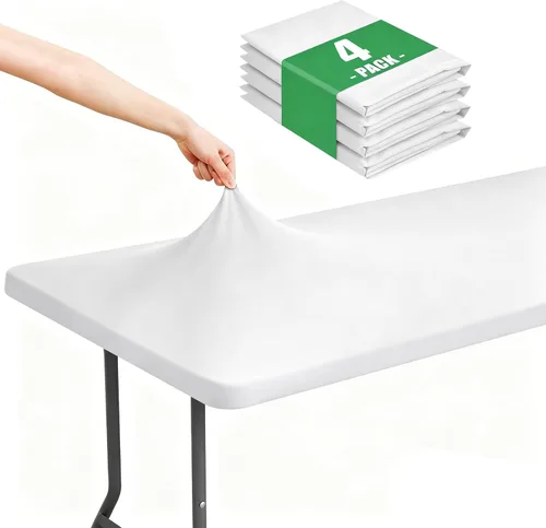 Vista 13 de Moosfor Paquete de 4 manteles rectangulares de elastano de 4 pies, elásticos y ajustables para pícnic, elásticos y lavables, para exteriores, Beige