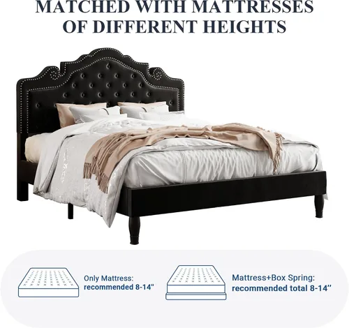 Vista 9 de Allewie Base de cama tamaño completo con cabecero de tiara de terciopelo ajustable, cama plataforma tapizada con botones de diamante capitoné Negro