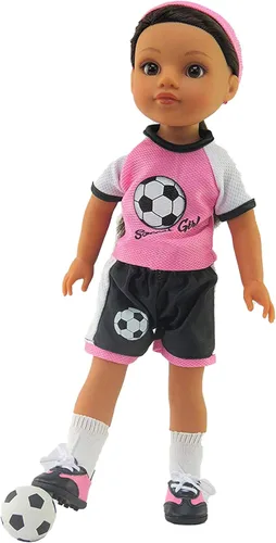 Vista 2 de American Fashion World Traje de fútbol rosa para muñecas de 14 pulgadas Balón de fútbol incluido Calidad premium y diseño moderno