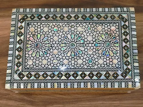 Vista 3 de Joyero de madera con incrustaciones de madre perla egipcia, hecho a mano (8.8 x 5.8 x 2.8 pulgadas M05)