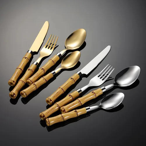 Vista 2 de Cutlery Set 40-Piece Flatware Set for 10,Bamboo Handle Food-Grade 18/8 Stainless Steel Include Dinner Forks Spoons Knives and,Gold-16 Piece Set for 4
