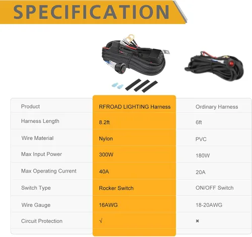 Vista 6 de Arnés de cableado de 1 cable, Rfroad Lighting Kit de arnés de cableado resistente de 12V con interruptor de balancín de nylon para barra de luz LED