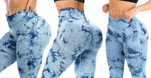 Vista 5 de GILLYA Leggings de levantamiento de glúteos para mujer, sin costuras, teñido anudado, para entrenamiento, gimnasio, cintura alta, pantalones