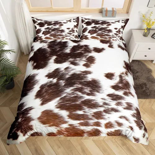 Vista 17 de Funda de edredón con estampado de vaca marrón para niñas y niños, funda de edredón de piel de vaca de las tierras altas, juego de ropa de cama