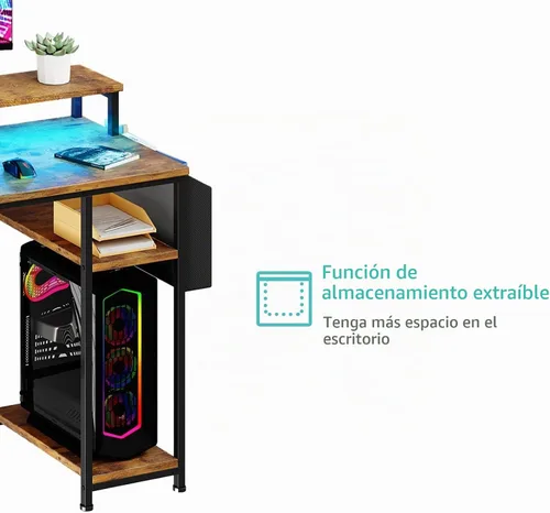 Vista 8 de Lufeiya Escritorios para juegos con luces LED y tomas de corriente, escritorio para computadora de estudio y escritura de 55 pulgadas con cajones