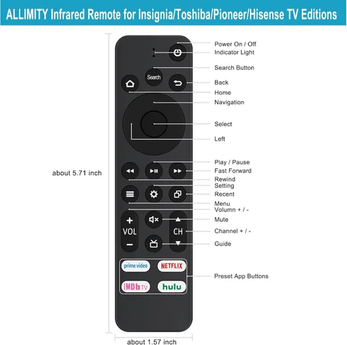 Vista 2 de Allimity CT-95018 CT-RC1US-21 CT-RC1CA-21 NS-RCFNA-21 CP-RC1NA-22 Remoto IR de repuesto compatible con Insignia/Toshiba/Pioneer/Hisense Smart TV