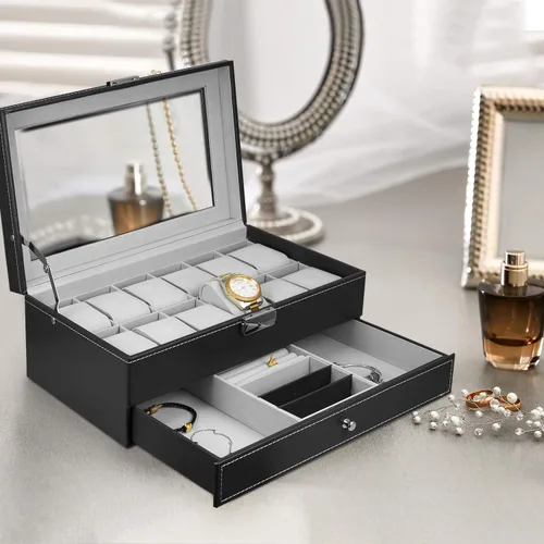 Vista 7 de Hossejoy Caja de reloj de cuero con 12 organizadores de relojes para hombre con cajón de exhibición de joyas organizador de caja de reloj