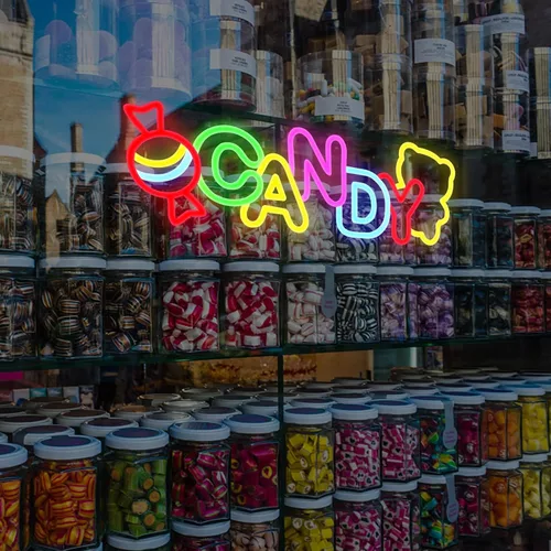 Vista 3 de ATOLS Letrero de neón de caramelo – Decoración de pared, alimentado por batería/USB, perfecto para tienda de dulces, exhibición de carritos, fiestas