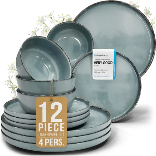 Vista 61 de Juego de vajilla de gres para 4 personas 12 piezas – Juego de platos y cuencos negros mate – Apto para lavavajillas, microondas y resistente a