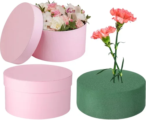 Vista 9 de Nuenen Caja de regalo redonda con tapa y juego de espuma floral, negro, 2 piezas, cajas de regalo para flores para el día de la madre, dama