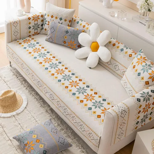 Vista 9 de Funda de sofá de chenilla para sofá modular, diseño geométrico bohemio y jacquard antideslizante, protector de muebles para niños, perros y Azul
