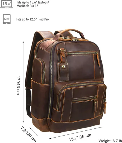 Vista 3 de Lannsyne Mochila vintage de cuero de grano completo para hombre de 15.6 pulgadas, mochila para laptop de camping y viajes, mochila de 24 L, Marrón