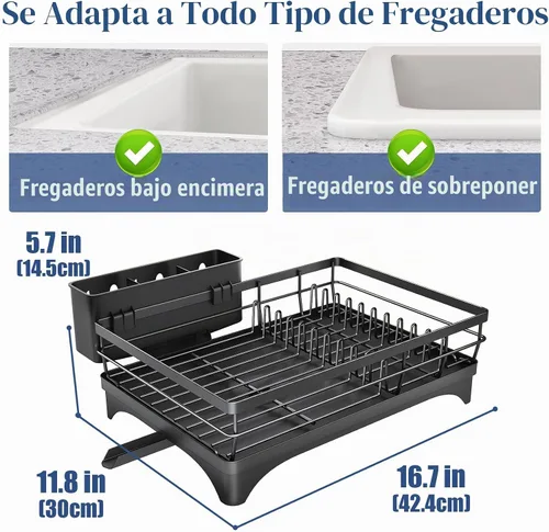 Vista 5 de SNTD Escurridor de platos para encimera de cocina - Escurridor grande con bandeja de drenaje, escurridor de platos a prueba de óxido con soporte