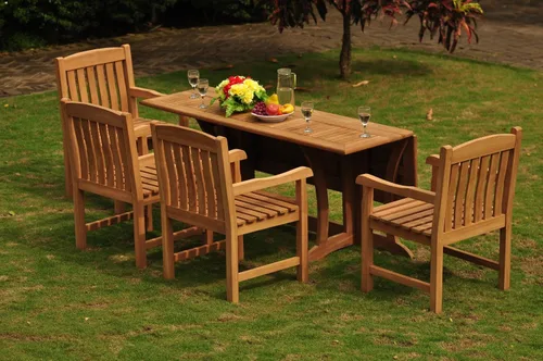 Vista 4 de Juego de comedor de 5 piezas de lujo de madera de teca grado A para exteriores, mesa rectangular plegable de 69 pulgadas de Warwick y 4 sillas Devon