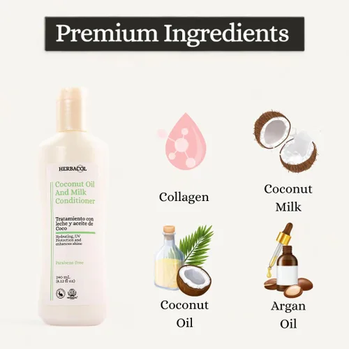 Vista 2 de Herbacol Acondicionador de aceite de coco y leche Acondicionador natural Restaura el cabello dañado y seco 8.12 onzas líquidas