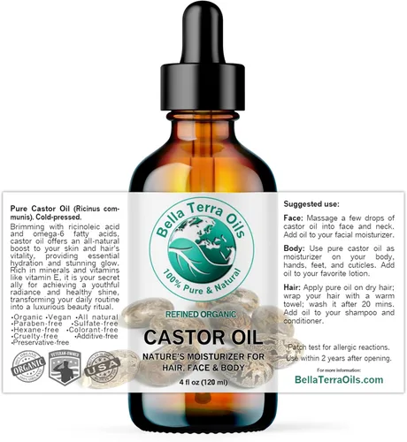 Vista 2 de Bella Terra Oils - Aceite de ricino orgánico botella de vidrio de 4 onzas - Sumérgete en la esencia de ricino orgánica pura, alta en ácidos grasos