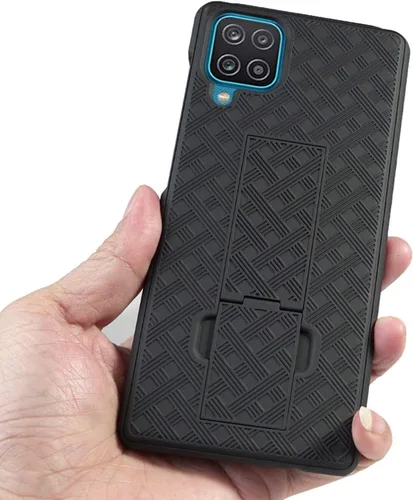 Vista 4 de Para Samsung Galaxy A12, con carcasa combinada de vidrio templado y funda delgada con soporte incorporado + clip giratorio para cinturón para Galaxy