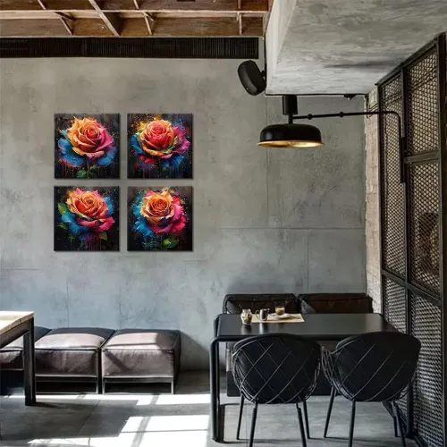 Vista 65 de Wall HDQ Arte de pared de flores para baño, dormitorio, sala de estar, decoración de pared azul y naranja, pintura floral, lienzo impreso, imagen
