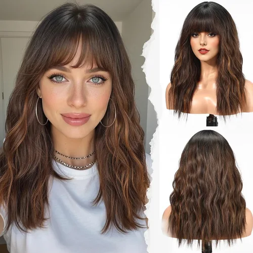 Vista 8 de HAIRCUBE Peluca larga con flequillo, pelucas sintéticas onduladas para mujer, color castaño rojizo