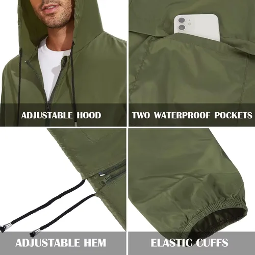 Vista 3 de Zando Chubasquero para hombre, impermeable, con capucha, rompevientos, ligero, para ciclismo