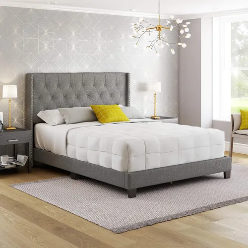 Vista 23 de Boyd Sleep Pisa - Base de cama de terciopelo azul tamaño Queen totalmente tapizada con cabecero ajustable, no requiere somier, fácil montaje, sin
