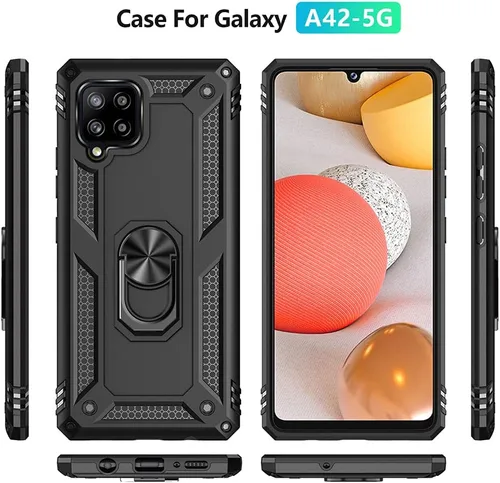 Vista 2 de Funda para Galaxy A42 5G, con protector de pantalla HD, [grado militar] anillo de montaje en coche con soporte híbrido de policarbonato duro
