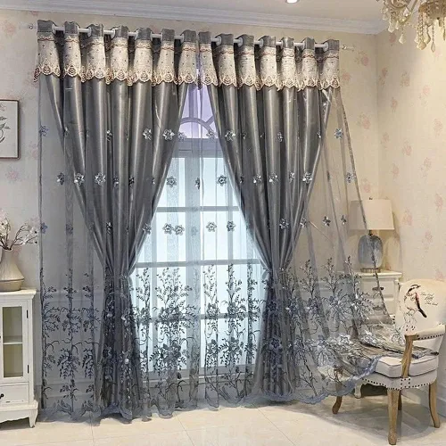 Vista 19 de Amidoudou 1 par de cortinas europeas de doble capa para sala de estar, dormitorio, cortinas bordadas de flores de lujo con cenefa