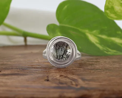 Vista 3 de Black Rutilated Quartz Ring Natural Round Cabochon Black Rutile Ring Sterling Silver 925 Handmade Jewelry