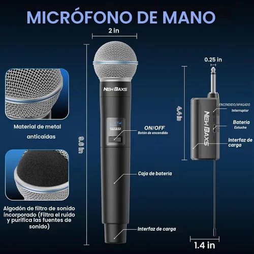 Vista 7 de Micrófono inalámbrico, micrófonos recargables inalámbricos de mano duales dinámicos, micrófonos de karaoke NEW BAXS con salida de 1/4 pulgada