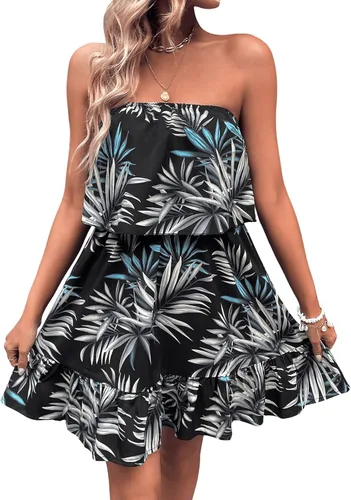 Vista 4 de SOLY HUX Vestido de verano floral para mujer, estilo casual, estampado de hojas tropicales, sin mangas, dobladillo con volantes, mini vestido de tubo
