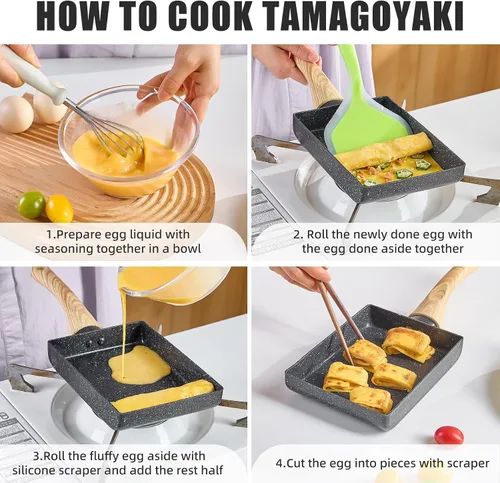 Vista 6 de Sartén de tortilla japonesa,Sartén antiadherente para huevos Tamagoyaki,Sartén rectangular pequeña con tapa,Espátula de silicona y cepillo