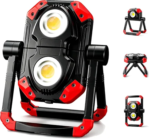 Vista 9 de Luz de trabajo LED recargable, 2 COB 2500LM Luz de inundación portátil plegable con base magnética y soporte de rotación de 360°, focos impermeables