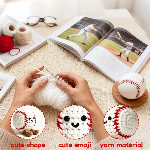 Vista 5 de Regalos positivos de ganchillo de béisbol para niños, hombres, papá, muñeca de punto inspiradora con tarjeta de aliento y llavero de caja, divertida