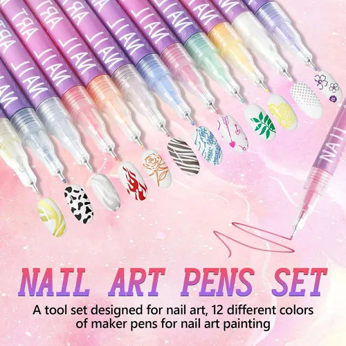 Vista 2 de Juego de 12 rotuladores para arte de uñas, rotuladores de esmalte de uñas de secado rápido 3D de 0.5MM, 2025 marcadores de arte de uñas DIY