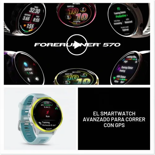 Vista 9 de Garmin Forerunner® 570, 1.850 in, Aluminio, Piedra blanca/Turquesa Reloj inteligente avanzado con GPS para correr y triatlón, pantalla AMOLED