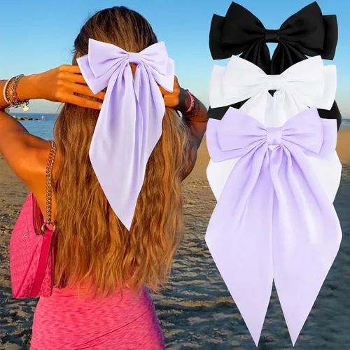 Vista 14 de Velscrun Lazos para el cabello para mujeres y niñas, 3 unidades, lazo blanco, lazo negro, azul marino, lazos grandes para el cabello con clip, lazos