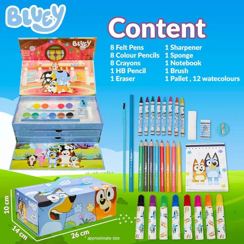 Vista 6 de Bluey Lápices de colores suministros de arte para niños y niñas, kit de dibujo, pintura, suministros escolares, kit de arte, estuche de viaje, Azul