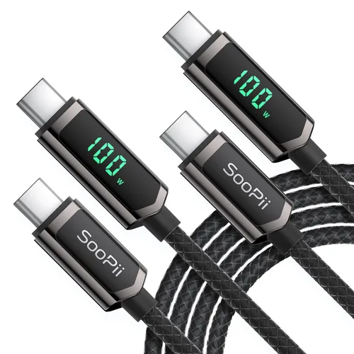 Vista 10 de SOOPII Cable USB C a USB C de 100 W, cable trenzado tipo C de nailon de 1 pie con pantalla LED para iPhone 15/15 Pro/15 Plus/15 Pro Max, MacBook
