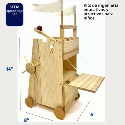 Vista 5 de PATHFINDERS Kit STEM - Torre de asedio medieval con catapulta Kit de construcción de madera para adolescentes y adultos Juguete de ingeniería