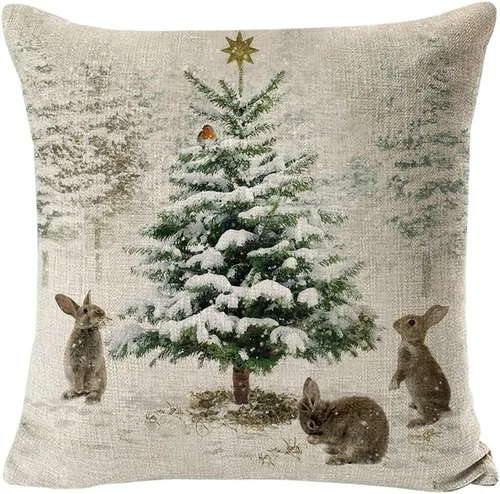 Vista 8 de Funda de almohada decorativa de Navidad, 18 x 18 pulgadas, diseño de muñeco de nieve, conejo, ciervo, plateado, juego de 4 fundas de almohada Hola