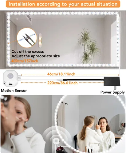 Vista 2 de Daymeet Luces LED de espejo de tocador con sensor de movimiento, luces LED activadas por movimiento de 4m para espejo, luces de tira flexibles