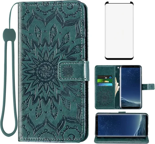 Vista 12 de Funda de teléfono para Samsung Galaxy S8 con protector de pantalla de vidrio templado, funda de cuero con tapa de girasol, soporte para tarjetas