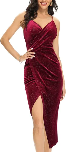Vista 3 de Laughido - Vestido de fiesta de terciopelo para mujer, diseño con tirantes delgados, sin mangas, fruncido, y entallado con abertura, para cóctel